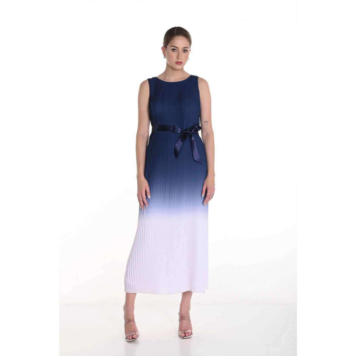 New Frank Lyman Ombr Pleated Long Dress In Navy/Off-White